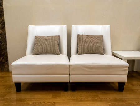 Modern cream color leather chairs with cushions. They are furnitures for rest and relaxation.の写真素材