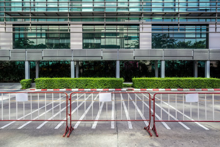 No entry in the modern office building. The restricted area with traffic steel barricades type without wheels.の写真素材