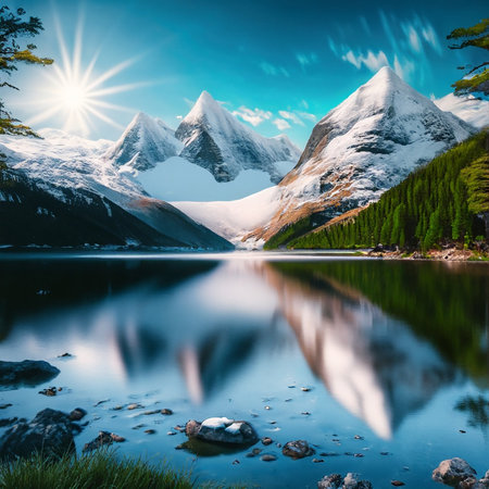 Mountain lake with reflection of snow-capped peaks and blue sky.の写真素材