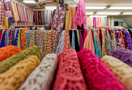 Vibrant Lace and Fabric Collection in a Textile Shop. A colorful display of lace, silk, and embroidered fabrics in a textile store, featuring intricate patterns and textures.の写真素材