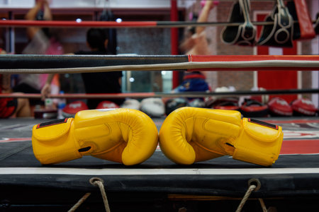 Pair of Yellow Boxing Gloves Placed Symmetrically on Boxing Ring. A striking pair of boxing gloves positioned side-by-side on edge of professional boxing ring, with the blurred gymの写真素材