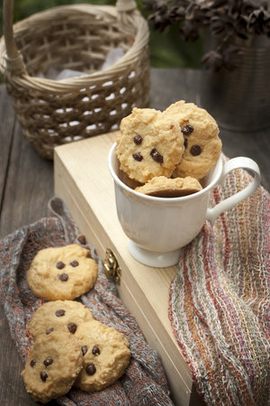 Homemade Chocolate Chip Cookies on the Wooden boxの写真素材