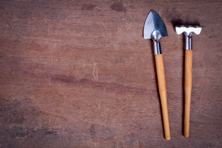 Small Gardening Tools on wooden table with copy spaceの写真素材