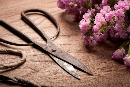 Old Vintage steel scissors on wooden table  with flower.
