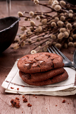 Homemade chocolate chip cookies in country style.