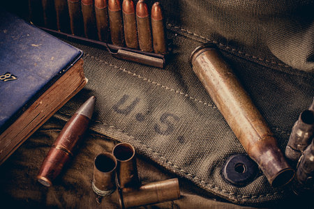 Elements of the US Army ammunition mood and toned vintage style,selective focusの写真素材