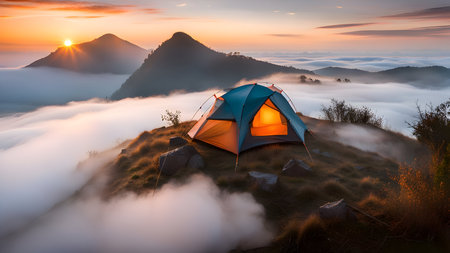 Camping amidst the natural morning lightの素材