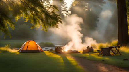 Camping amidst the natural morning lightの素材