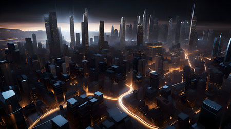 Futuristic city at night with neon lights.の素材