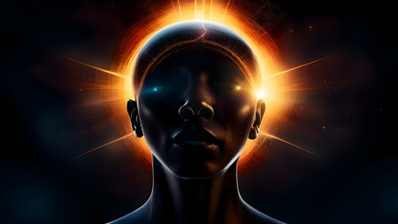 Face in space with a glowing backgroundの素材