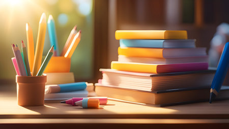 Back to school concept. Stack of books and pencils on the table.の素材