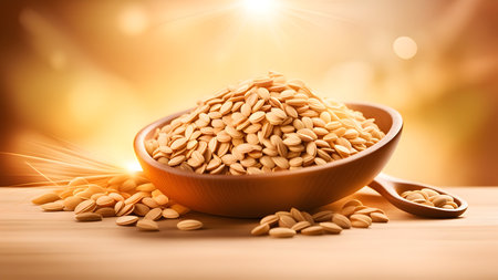 oatmeal in a bowl on a wooden table with bokeh backgroundの素材