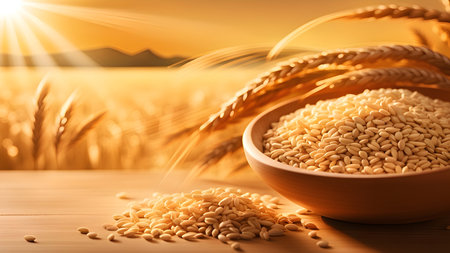 close up of wheat grains in bowl on wooden table with sunset backgroundの素材