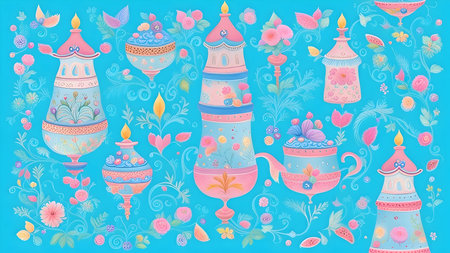 Pattern with tea pot, cup, teapot, teacup, candles, flowers.の素材