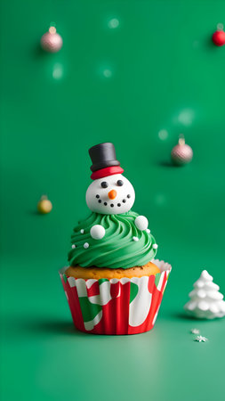 Cupcake with snowman and christmas decorations on green backgroundの素材