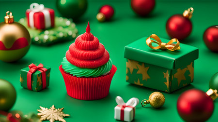 Christmas cupcake with decoration on green background.の素材
