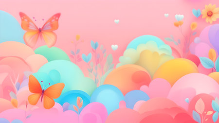 Happy Easter background with colorful eggs, butterflies and flowers.の素材