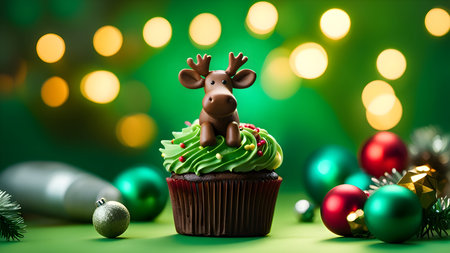 Christmas cupcake with decoration and bokeh lights on green backgroundの素材