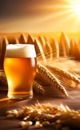 glass of beer and wheat on a wooden table in a wheat fieldの素材