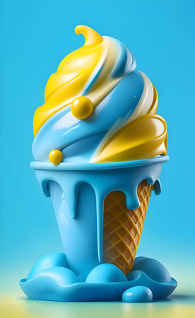 Blue ice cream in waffle cone on blue background. 3d illustrationの素材