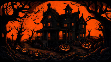 Halloween background with haunted house and pumpkins. Halloween illustration.の素材