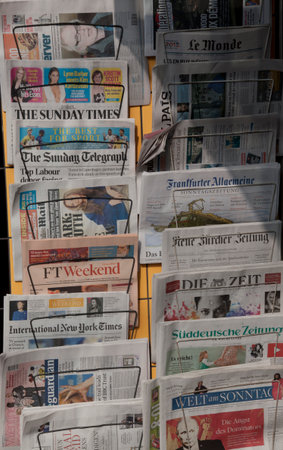 15 february 2015, Amsterdam the Netherlands. international newspapers in a kioskのeditorial素材