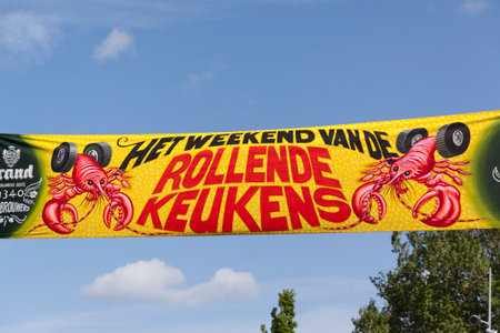 Amsterdamnetherlandsmay 17 2015 banner with the announcement of the rollling kitchen or food truck...