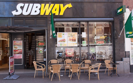 The Haguenetherlandsmay 20 2015: subway restaurant with terrace on the square in The Hague Netherlandsのeditorial素材