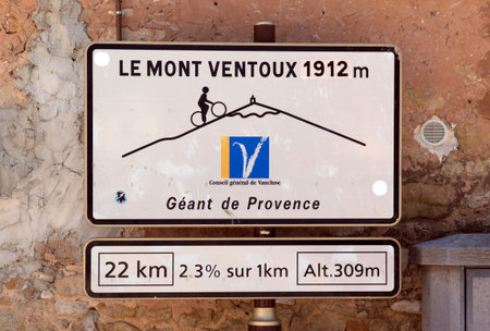 bedoin,france-june 28, 2015: road sign to the mont ventoux in bedoin franceのeditorial素材