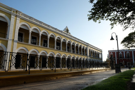 A government building on the Zocalo square in downtown Campeche Mexico
