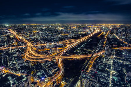 Cityscape Bangkok downtown at night, from the top of BAIYOKE Sky, Thailand. and technique long exprosure and HDR filter.の写真素材