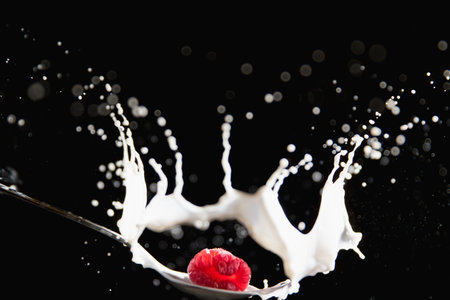 Raspberry drop on spoon with splashing milkの写真素材
