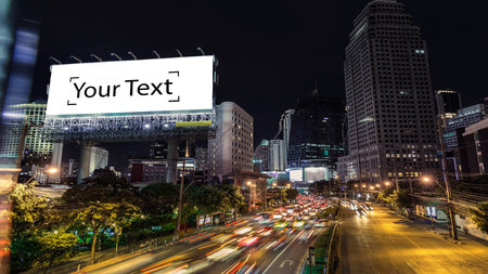 4K, The Big blank billboard beside the road at night, Advertising background for add your text promotion or product in scene traffic communicationの写真素材