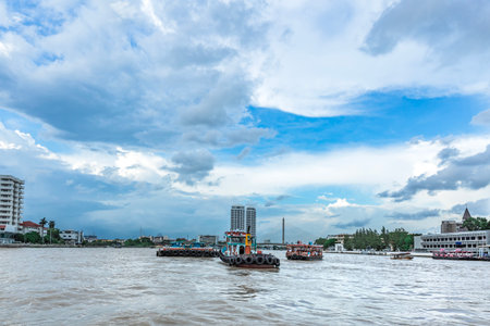 Transportation background, The popular one transport by boat in Bangkok with cloudy blue sky, Bangkok Thailandの写真素材