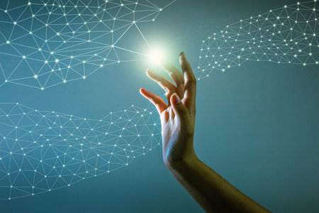 the hand is touching hologram to connect to artificial intelligent system, Abstract technology...