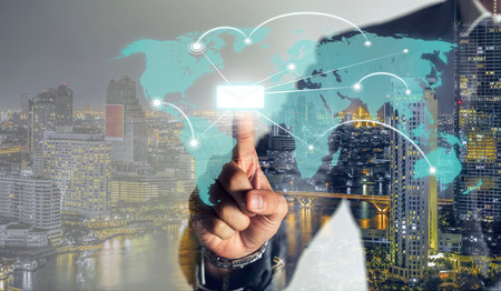 Businessman is touching hologram and send data to global link viral information, cyber technology  background, double exprosure.の写真素材