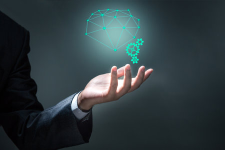 Businessman is holding hologram to control artificial intelligent brain, Technology business concept about internet of thing.の写真素材