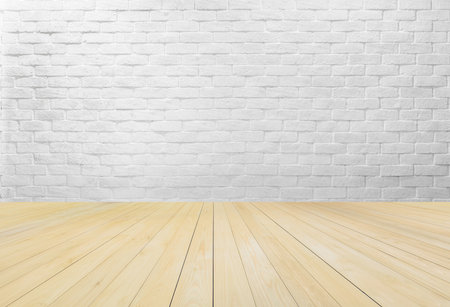 Abstract geometric white texture brick on the wall with wooden floor, interior background, Simple clean white background texture.の写真素材