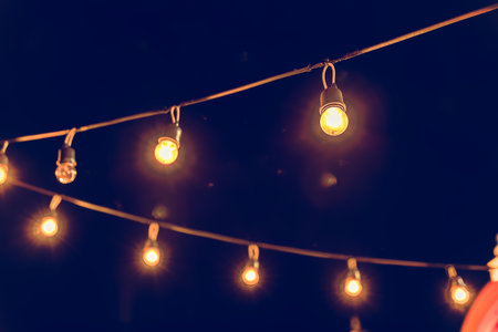 Selective focus on Light bulbs and  bokeh background with effect filter, Abstract background, vintage tone at night light festival.の写真素材