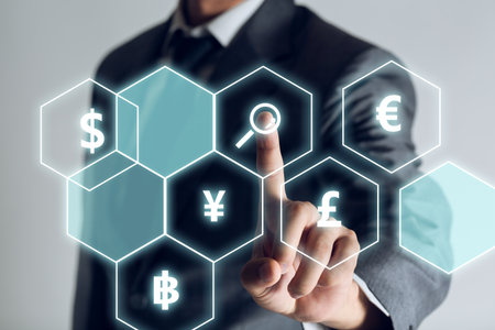 Businessman is searching exchange rate money about internet of thing, investment in the future concept. business backgroundの写真素材