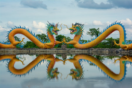 Two dragon water reflection.の写真素材