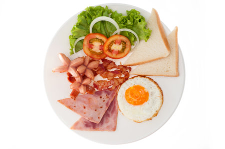 Top view American Breakfast ham bacon egg bread and sausage