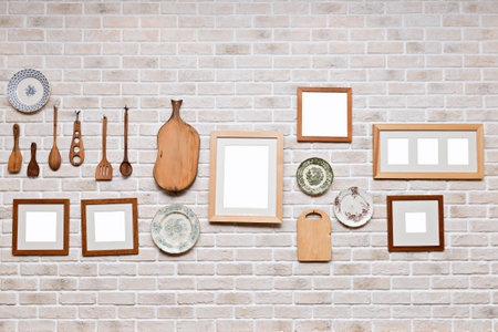 Picture frame in kitchen wall, Photo art gallery on brick wallの写真素材