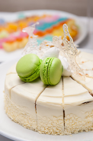 white chocolate cake with macaroonの写真素材
