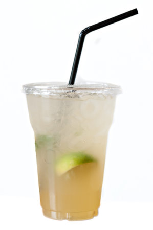 Iced Lemon Honey Soda in Plastic cup Iced Lemon Honey Soda in Plastic cup isolated on white backgroundの写真素材