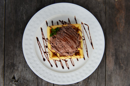 waffle with chocolate ice creamの写真素材
