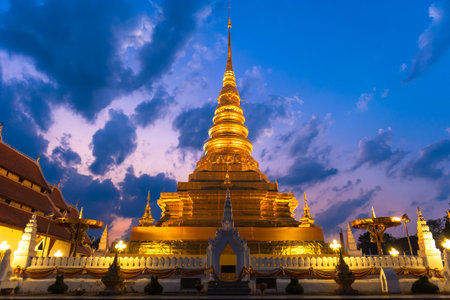 The golden temple Landmark of Nan is Wat Phra That Charehang was built in 1355. It is the most sacred wat in Nan Province Thailandの写真素材