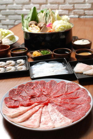Sukiyaki Fresh Beef pork slices, Vegetable, Dinner Setの写真素材