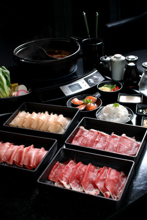 Sukiyaki Fresh Beef pork slices, Vegetable, Dinner Setの写真素材