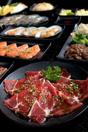 BBQ Fresh Beef pork slices, Seafoods and Vegetable, BBQ Dinner Setの写真素材